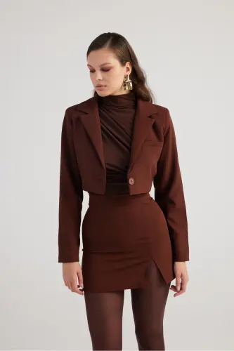 Vatkalı Atlas Kumaş Crop Model Panky Ceket Kahverengi-Kahverengi - 6