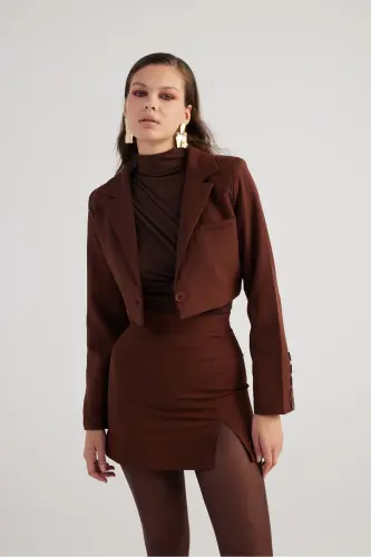 Vatkalı Atlas Kumaş Crop Model Panky Ceket Kahverengi-Kahverengi 