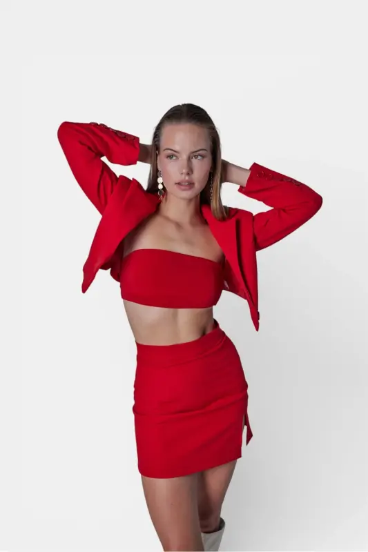 Vatkalı Crop Model Uzun Kol Blazer Panky Ceket Kırmızı - 2