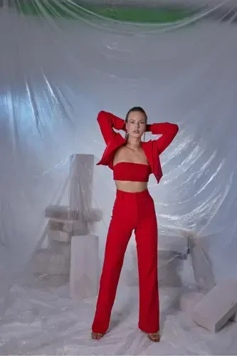 Vatkalı Crop Model Uzun Kol Blazer Panky Ceket Kırmızı - Modazone (1)