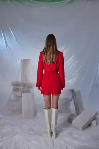 Vatkalı Crop Model Uzun Kol Blazer Panky Ceket Kırmızı - 3