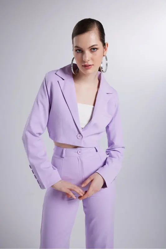Vatkalı Crop Model Uzun Kol Blazer Panky Ceket Lila - 1