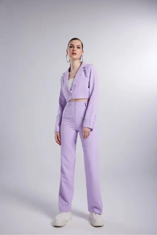 Vatkalı Crop Model Uzun Kol Blazer Panky Ceket Lila - 2