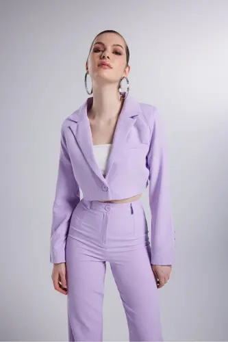 Vatkalı Crop Model Uzun Kol Blazer Panky Ceket Lila - 3