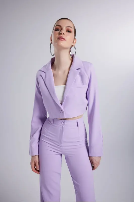 Vatkalı Crop Model Uzun Kol Blazer Panky Ceket Lila - 3