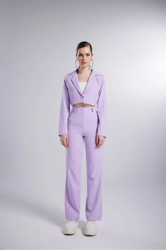 Vatkalı Crop Model Uzun Kol Blazer Panky Ceket Lila - 6