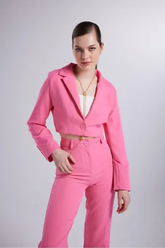 Vatkalı Crop Model Uzun Kol Blazer Panky Ceket Pembe-Pembe 