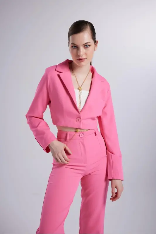Vatkalı Crop Model Uzun Kol Blazer Panky Ceket Pembe-Pembe - HOLLY LOLLY
