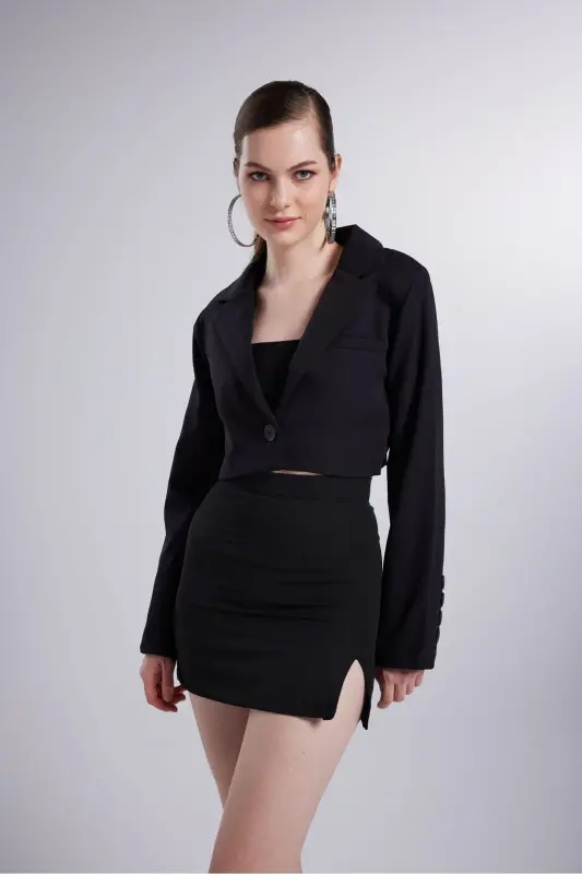 Vatkalı Crop Model Uzun Kol Blazer Panky Ceket Siyah-Siyah - 6