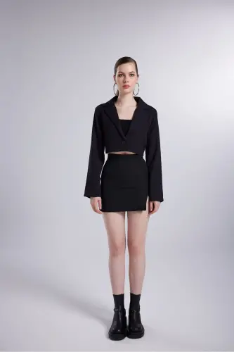 Vatkalı Crop Model Uzun Kol Blazer Panky Ceket Siyah-Siyah - HOLLY LOLLY (1)