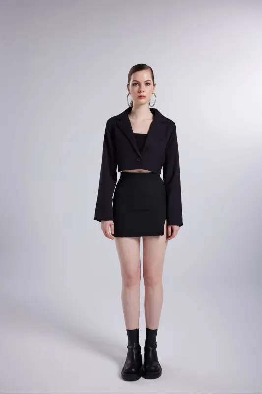 Vatkalı Crop Model Uzun Kol Blazer Panky Ceket Siyah-Siyah - 2