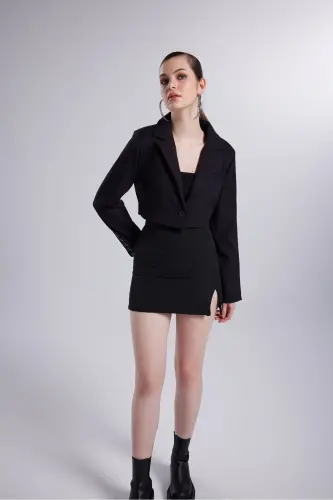Vatkalı Crop Model Uzun Kol Blazer Panky Ceket Siyah-Siyah - 3
