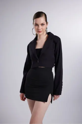 Vatkalı Crop Model Uzun Kol Blazer Panky Ceket Siyah - Siyah - 6