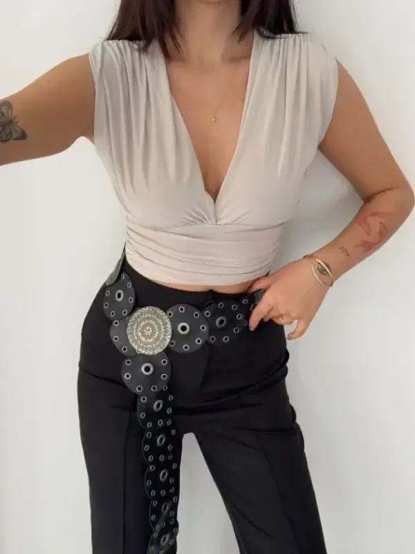 Vatkalı Kolsuz V Yaka Drapeli Crop Bluz Likralı Fit - Boyalı Gri - 1