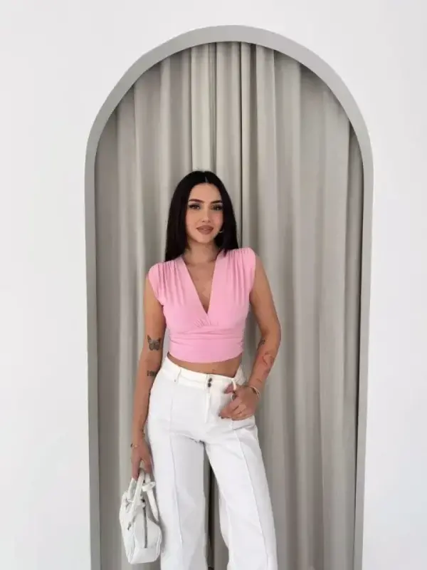 Vatkalı Kolsuz V Yaka Drapeli Crop Bluz Likralı Fit - Pembe - 4