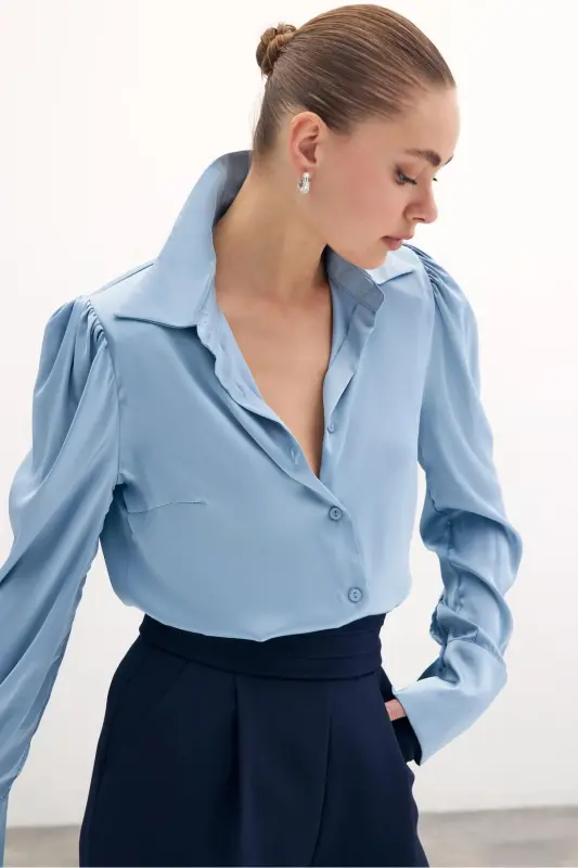 Vatkalı Saten Gömlek - Bebe Mavi-BEBE MAVİ - 2