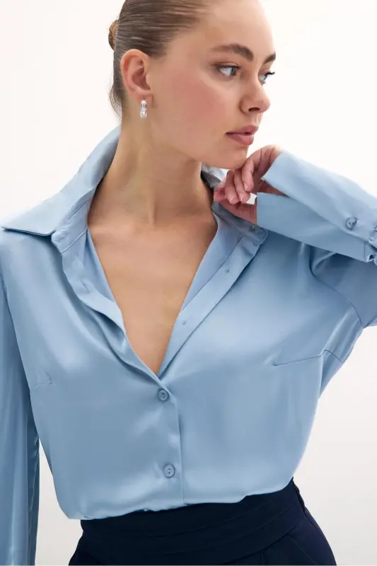 Vatkalı Saten Gömlek - Bebe Mavi-BEBE MAVİ - 5