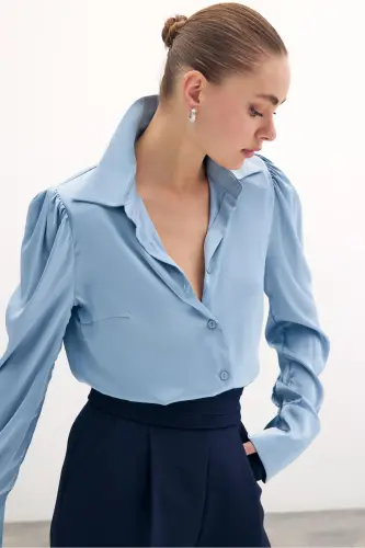 Vatkalı Saten Gömlek - Bebe Mavi-BEBE MAVİ - SATEEN (1)