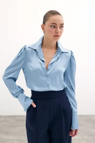 Vatkalı Saten Gömlek - Bebe Mavi-BEBE MAVİ - 3