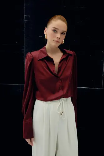Vatkalı Saten Gömlek - Bordo-Bordo - SATEEN (1)