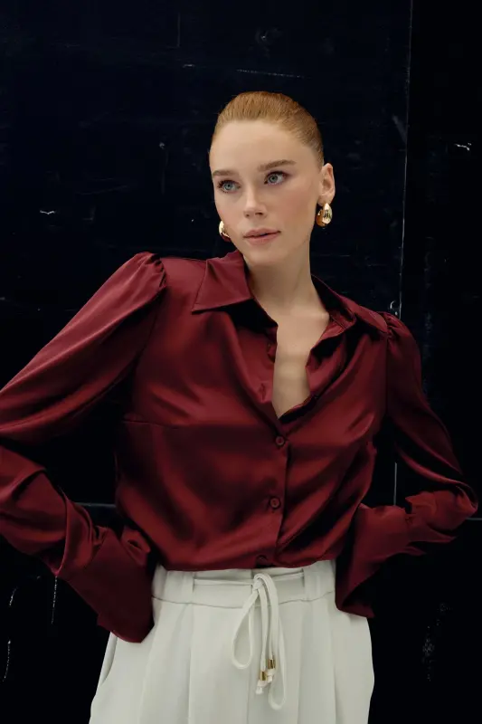 Vatkalı Saten Gömlek - Bordo-Bordo - 3