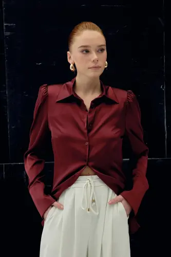 Vatkalı Saten Gömlek - Bordo-Bordo - 4