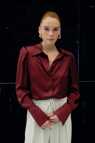 Vatkalı Saten Gömlek - Bordo-Bordo - 5