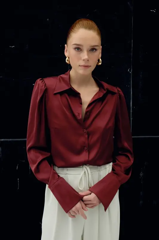 Vatkalı Saten Gömlek - Bordo-Bordo - 5