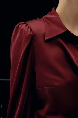 Vatkalı Saten Gömlek - Bordo-Bordo - 6