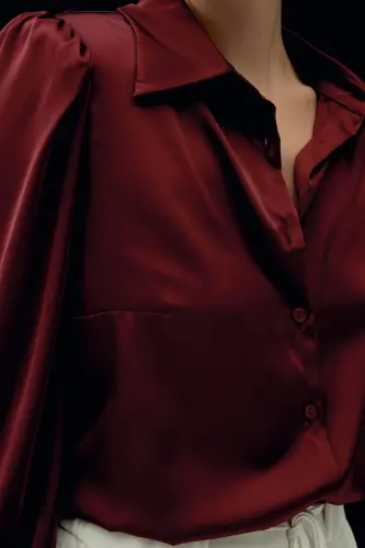 Vatkalı Saten Gömlek - Bordo-Bordo - 7