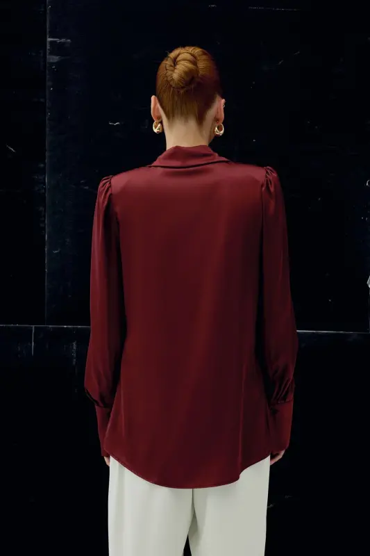 Vatkalı Saten Gömlek - Bordo-Bordo - 8