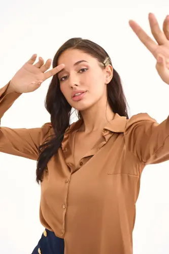 Vatkalı Saten Gömlek - Camel-CAMEL - 1
