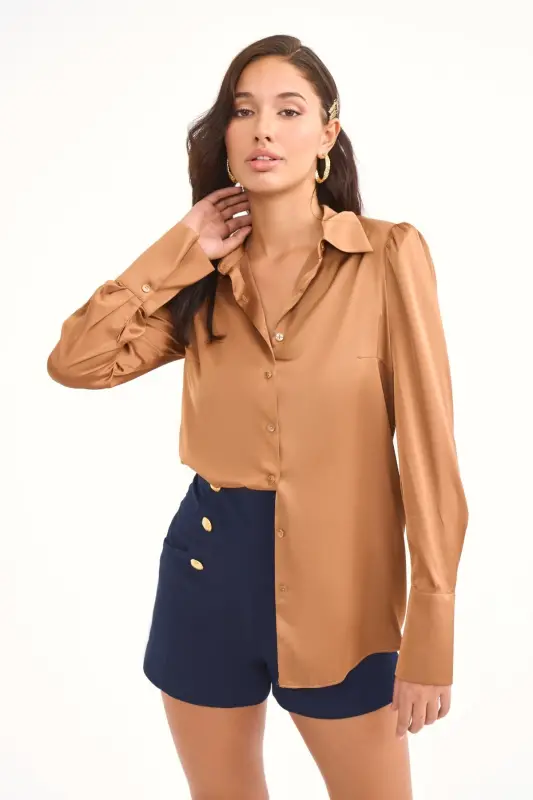 Vatkalı Saten Gömlek - Camel-CAMEL - 2