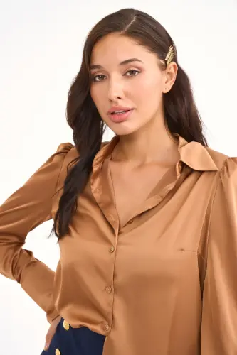 Vatkalı Saten Gömlek - Camel-CAMEL - 3