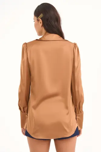 Vatkalı Saten Gömlek - Camel-CAMEL - 5