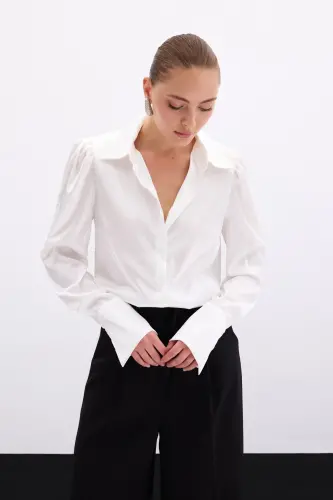 Vatkalı Saten Gömlek - Ekru - EKRU - 5