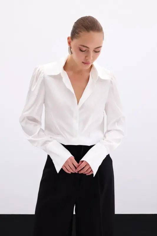 Vatkalı Saten Gömlek - Ekru - EKRU - 5