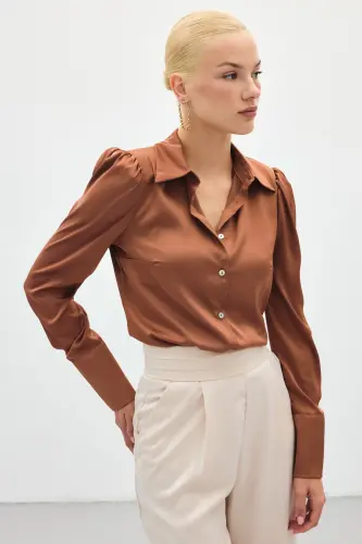 Vatkalı Saten Gömlek - Kahve-KAHVE - 4