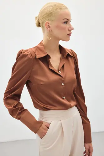 Vatkalı Saten Gömlek - Kahve-KAHVE 