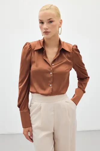 Vatkalı Saten Gömlek - Kahve-KAHVE - 5