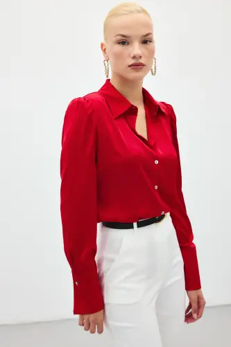 Vatkalı Saten Gömlek - Kırmızı-KIRMIZI - 5