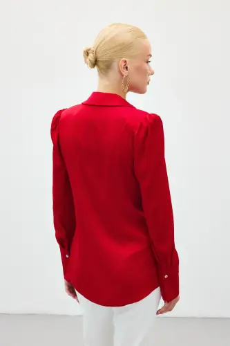 Vatkalı Saten Gömlek - Kırmızı-KIRMIZI - 6