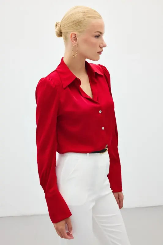 Vatkalı Saten Gömlek - Kırmızı-KIRMIZI - SATEEN