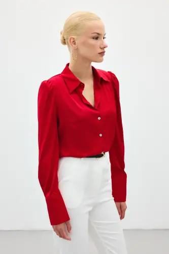 Vatkalı Saten Gömlek - Kırmızı-KIRMIZI - SATEEN (1)