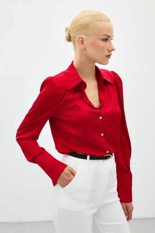 Vatkalı Saten Gömlek - Kırmızı-KIRMIZI - 3
