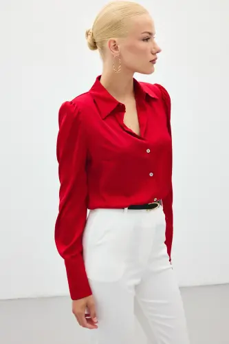 Vatkalı Saten Gömlek - Kırmızı-KIRMIZI - 4