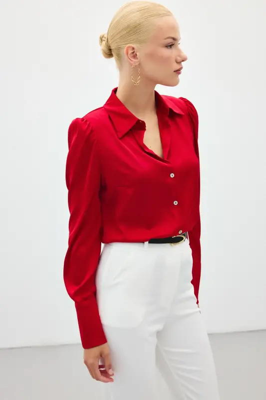 Vatkalı Saten Gömlek - Kırmızı-KIRMIZI - 4