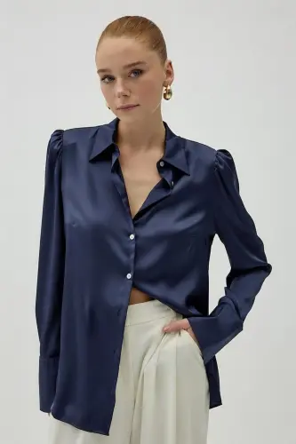 Vatkalı Saten Gömlek - Lacivert - Lacivert - SATEEN (1)