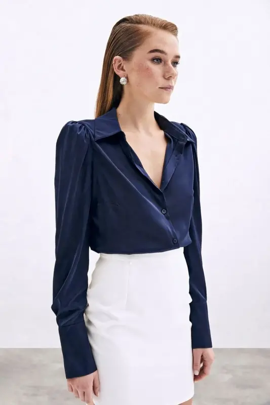 Vatkalı Saten Gömlek - Lacivert-Lacivert - 2