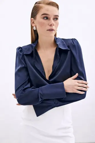 Vatkalı Saten Gömlek - Lacivert-Lacivert - 3